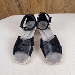 Earth Origins Naples Natasha Black Leather Ankle Strap Wedge Heel Sandals 8.5M